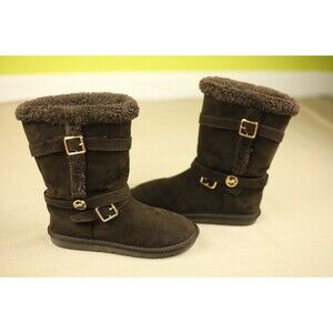 MICHAEL KORS "Shyla" Sz Girls 3 Chocolate Brown Boots Fur lining MK Logo Buckles